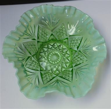 Green Opalescent Bowl - Measures 3 1/2 Tall 9 Across