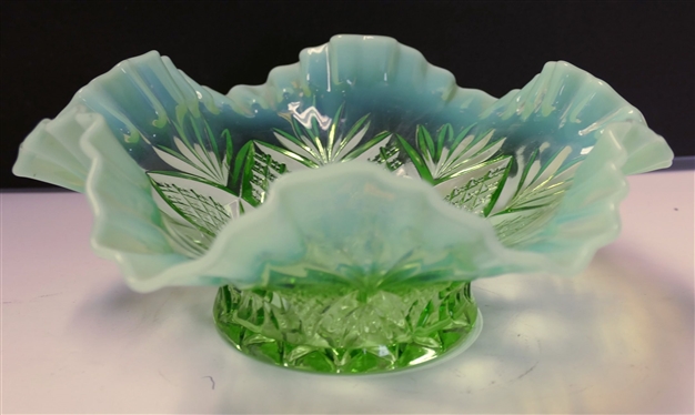 Green Opalescent Bowl - Measures 3 1/2 Tall 9 Across