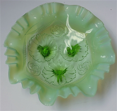 Green Opalescent Footed Bowl - Dolphin Feet - Measures 3 Tall 8 1/2 Across