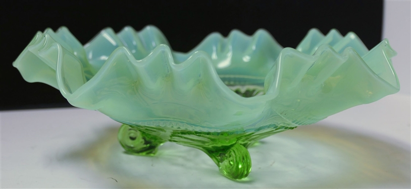 Green Opalescent Footed Bowl - Dolphin Feet - Measures 3 Tall 8 1/2 Across