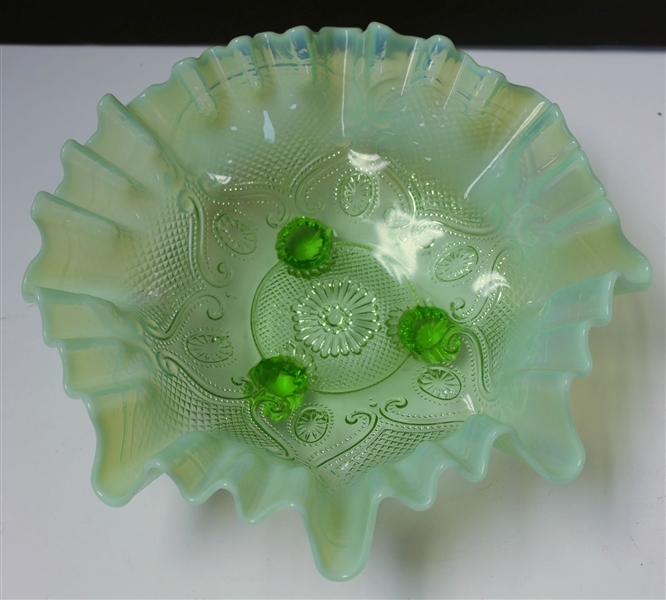 Green Opalescent Footed Bowl - Measures 3" Tall 8 " Across