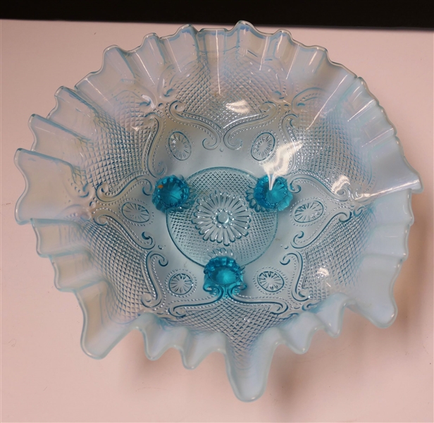 Blue Opalescent Footed Bowl - Measures 3" tall 8" Across