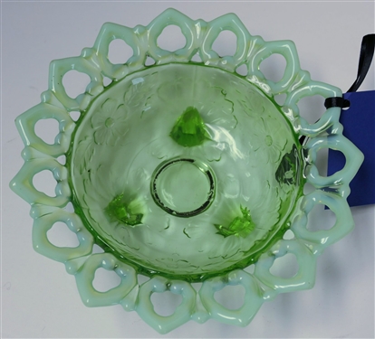 Green Opalescent Footed Bowl - Open Lace Trim - Dolphin Foot - Measures 2 1/4 tall 7 1/2 Across