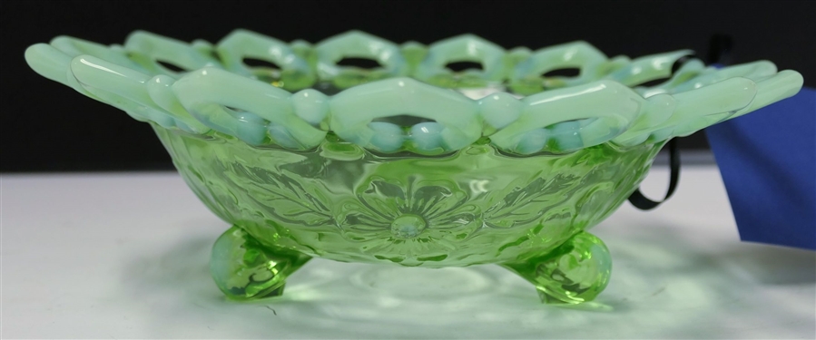 Green Opalescent Footed Bowl - Open Lace Trim - Dolphin Foot - Measures 2 1/4 tall 7 1/2 Across