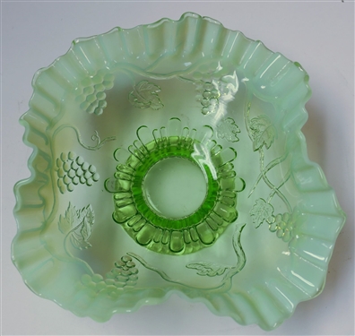 Green Opalescent Grape Pattern Bowl - Measures 3 1/2 tall 8 Across