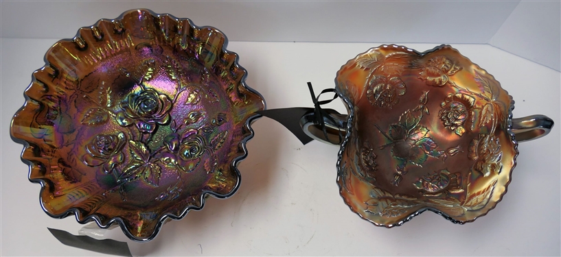 2 Pieces of Carnival - 8 Footed Bowl with Roses and Footed Compote 4 Tall 7 Across - Has Chip on Foot 