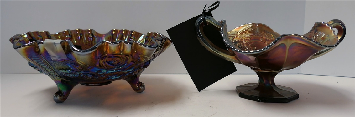 2 Pieces of Carnival - 8 Footed Bowl with Roses and Footed Compote 4 Tall 7 Across - Has Chip on Foot 