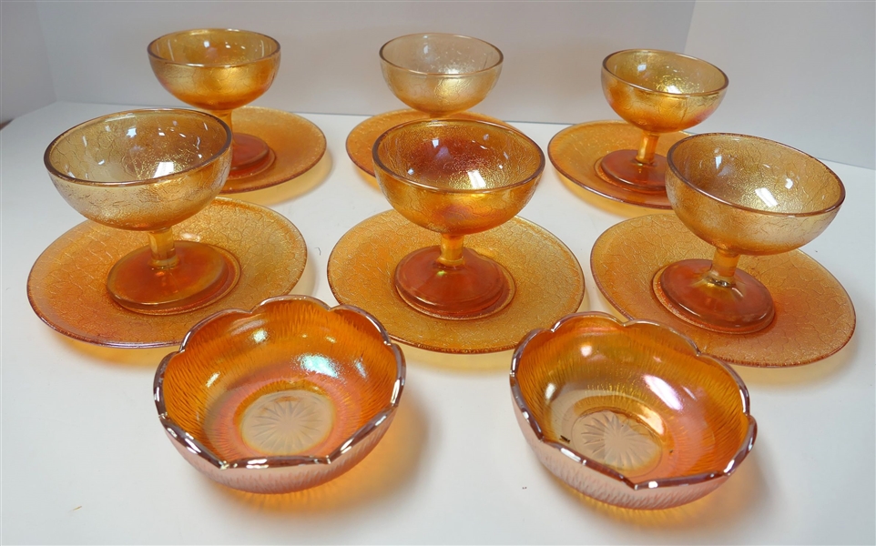 14 Pieces of Marigold Carnival Crackle Glass - 6 - Sherbets - 3 1/2" Tall (One Has Chip), 6 - 6" Plates, and 2 Berry Bowls