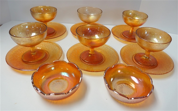 14 Pieces of Marigold Carnival Crackle Glass - 6 - Sherbets - 3 1/2 Tall (One Has Chip), 6 - 6 Plates, and 2 Berry Bowls