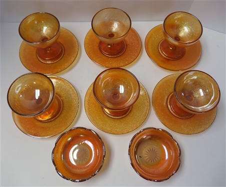 14 Pieces of Marigold Carnival Crackle Glass - 6 - Sherbets - 3 1/2 Tall (One Has Chip), 6 - 6 Plates, and 2 Berry Bowls