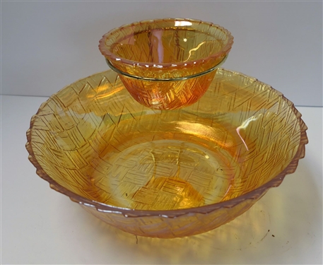 Carnival Marigold  Chip and Dip Bowl - Measuring 9 And 4 1/2 - With Metal Bowl Holder 
