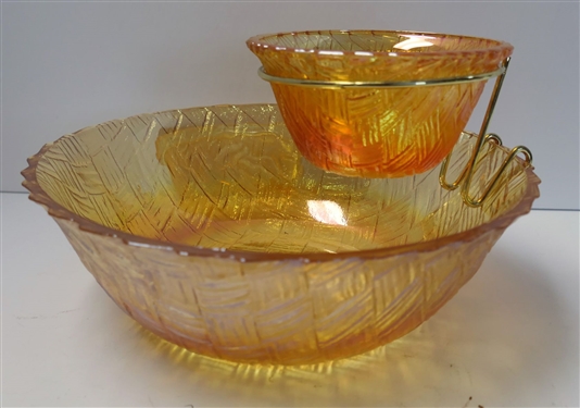 Carnival Marigold  Chip and Dip Bowl - Measuring 9 And 4 1/2 - With Metal Bowl Holder 