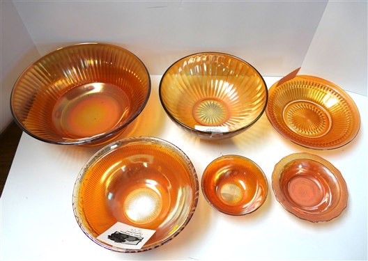 6 Pieces of Marigold Carnival - Largest Bowl Measures 10 Across, Smallest 4 1/2 Across