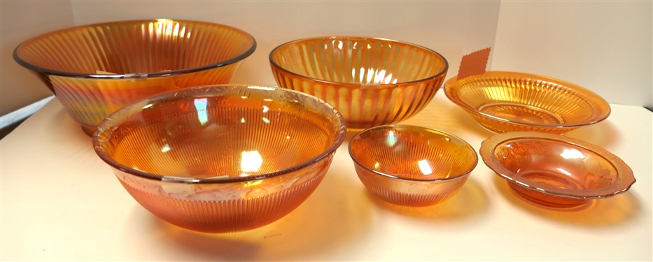 6 Pieces of Marigold Carnival - Largest Bowl Measures 10 Across, Smallest 4 1/2 Across