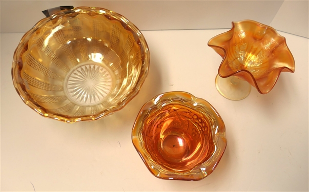 3 Pieces of Marigold Carnival Glass - 4 Compote, 5 Grape Bowl, and 8 Bowl 
