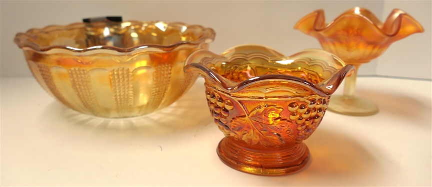 3 Pieces of Marigold Carnival Glass - 4 Compote, 5 Grape Bowl, and 8 Bowl 