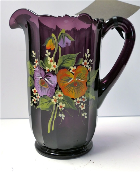 Artist Signed Mosser Amethyst Glass Pitcher Signed by B. Newton - Original Sticker on Bottom -Measures 8" Tall 