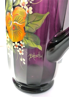 Artist Signed Mosser Amethyst Glass Pitcher Signed by B. Newton - Original Sticker on Bottom -Measures 8 Tall 