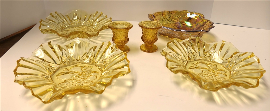 6 Pieces of Yellow Glassware - 3 8 Fruit Dishes, Blackberry Carnival Bowl 8 and 2 Daisy and Button Tooth Pick Holders