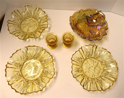 6 Pieces of Yellow Glassware - 3 8 Fruit Dishes, Blackberry Carnival Bowl 8 and 2 Daisy and Button Tooth Pick Holders