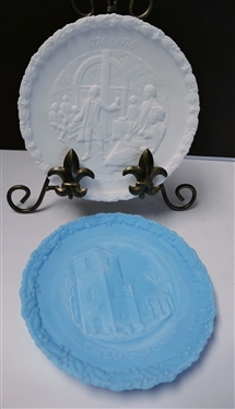 2 Fenton Satin Glass Collectors Plates - Blue Christmas 1971 - The Old Brick Church and White 1976 Bicentennial Plate