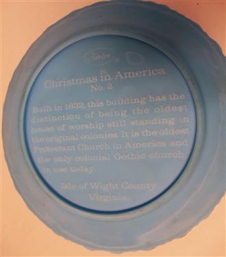 2 Fenton Satin Glass Collectors Plates - Blue Christmas 1971 - The Old Brick Church and White 1976 Bicentennial Plate