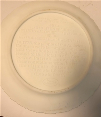 2 Fenton Satin Glass Collectors Plates - Blue Christmas 1971 - The Old Brick Church and White 1976 Bicentennial Plate