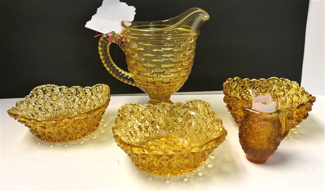 5 Pieces of Amber Glass - Basket Weave Pitcher Measures 6 tall, Amber Daisy and Button Berry Bowls, 5 Across, and Daisy & Button Individual Creamer 