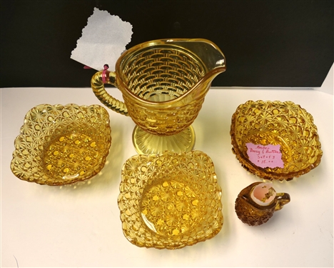 5 Pieces of Amber Glass - Basket Weave Pitcher Measures 6 tall, Amber Daisy and Button Berry Bowls, 5 Across, and Daisy & Button Individual Creamer 