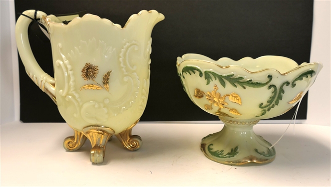 2 Pieces of Custard Glass - Pitcher Measuring 7 1/2 Tall and Footed Bowl 5 1/2 Tall 8 Across - Bowl Has Crack 
