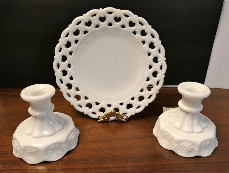 3 Pieces of Milk Glass - Pair of Grape 4" Candle Sticks and 8 1/2" Plates