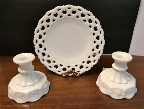 3 Pieces of Milk Glass - Pair of Grape 4 Candle Sticks and 8 1/2 Plates
