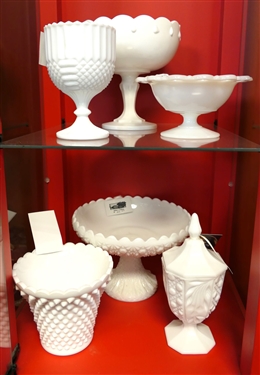 2 Shelves of Milk Glass -including Compote, Vase, Spooner, and Hobnail Footed Bowl (6 Pieces)