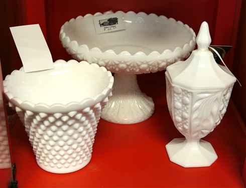 2 Shelves of Milk Glass -including Compote, Vase, Spooner, and Hobnail Footed Bowl (6 Pieces)