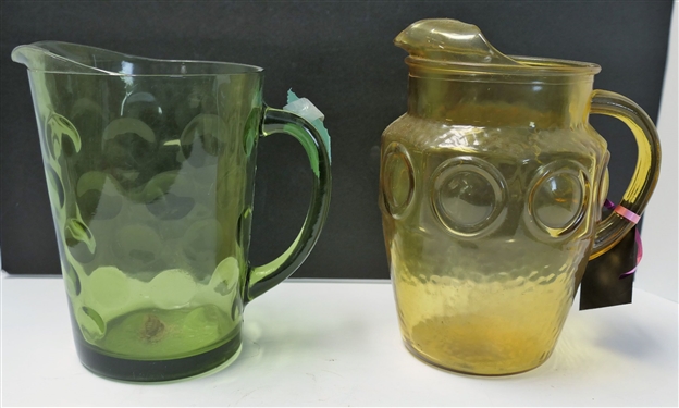 Mid Century Olive Green Polka Dot Pitcher and Amber Ice Lip Pitcher - Olive Pitcher Measures 8 tall 