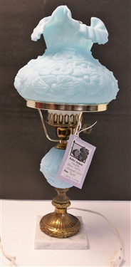 Blue Fenton Satin Glass Student Lamp with Marble Base -Lamp Measures 20 Tall