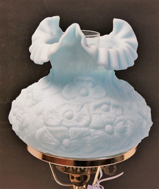 Blue Fenton Satin Glass Student Lamp with Marble Base -Lamp Measures 20 Tall