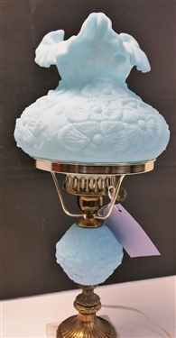 Blue Fenton Satin Glass Student Lamp with Marble Base -Lamp Measures 20 Tall