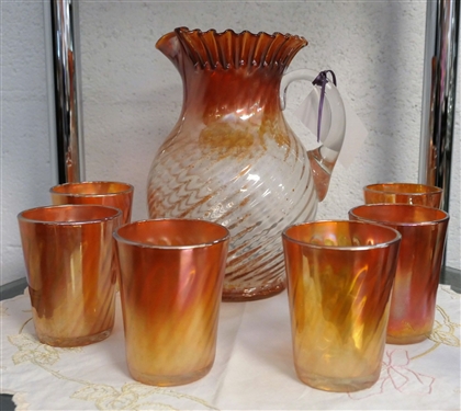 Carnival Marigold Swirl Pitcher and 6 Glasses - Pitcher Measures 10 Glasses 4 