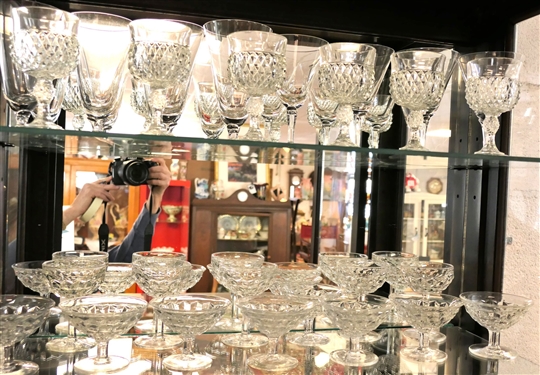 2 Shelves of Clear Glassware including American Fostoria Champagnes & Sherbets, Diamond Point Goblets, Signed Fostoria Wine Glasses and Iced Tea Glasses 