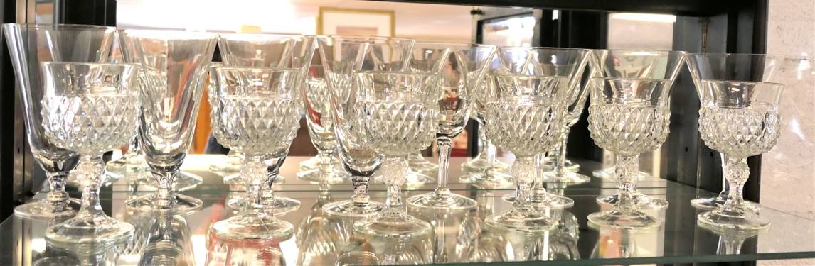 2 Shelves of Clear Glassware including American Fostoria Champagnes & Sherbets, Diamond Point Goblets, Signed Fostoria Wine Glasses and Iced Tea Glasses 
