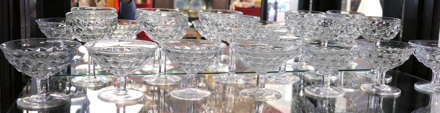 2 Shelves of Clear Glassware including American Fostoria Champagnes & Sherbets, Diamond Point Goblets, Signed Fostoria Wine Glasses and Iced Tea Glasses 