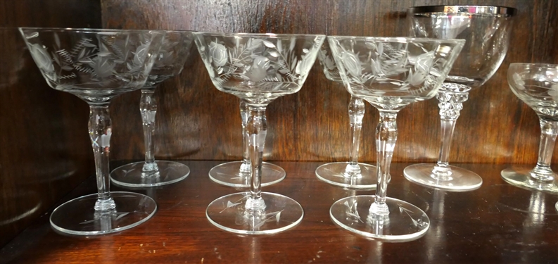 Large Lot of Clear Glassware including Goblets with Etched Stars, Elegant Glass with Flowers, and Others 