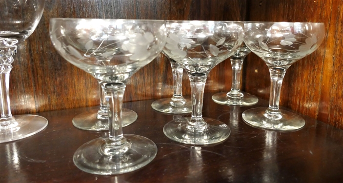 Large Lot of Clear Glassware including Goblets with Etched Stars, Elegant Glass with Flowers, and Others 