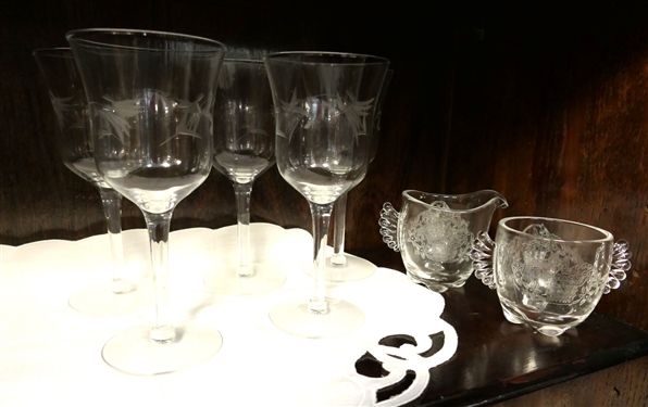 Large Lot of Clear Glassware including Goblets with Etched Stars, Elegant Glass with Flowers, and Others 