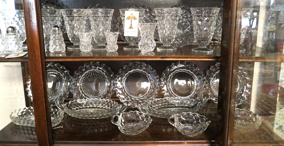 2 Shelves of Glassware including Mostly Early American Fostoria, Iced Tea Glasses, Dessert Plates, Oval Dishes, Nappys, and Shakers, 