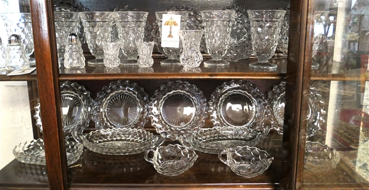 2 Shelves of Glassware including Mostly Early American Fostoria, Iced Tea Glasses, Dessert Plates, Oval Dishes, Nappys, and Shakers, 