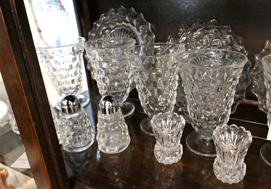 2 Shelves of Glassware including Mostly Early American Fostoria, Iced Tea Glasses, Dessert Plates, Oval Dishes, Nappys, and Shakers, 