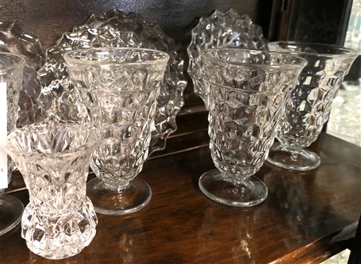 2 Shelves of Glassware including Mostly Early American Fostoria, Iced Tea Glasses, Dessert Plates, Oval Dishes, Nappys, and Shakers, 