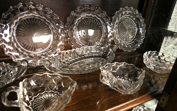 2 Shelves of Glassware including Mostly Early American Fostoria, Iced Tea Glasses, Dessert Plates, Oval Dishes, Nappys, and Shakers, 